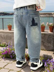 Young Boy Spring Fashion Ripped Distressed Embroidery Pocket Denim Jeans Pants - Baby Blue - View 7