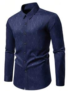 Men's Casual & Formal Multi-Occasion Shirt , Essential Gift For Men, Featuring Subtle Geometric Patterns, Mysterious Symbols, Polyester Fabric, Golden Buttons, Long Sleeve Top - Navy Blue - View 4