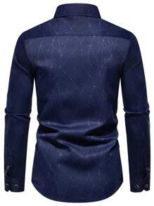 Men's Casual & Formal Multi-Occasion Shirt , Essential Gift For Men, Featuring Subtle Geometric Patterns, Mysterious Symbols, Polyester Fabric, Golden Buttons, Long Sleeve Top - Navy Blue - View 3