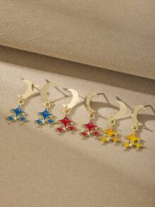 2 piezas de Pendientes elegantes de moda vintage con diseño de estrellas y lunas, de aleación con acabado dorado desgastado, regalo versátil para uso diario, fiesta, cumpleaños