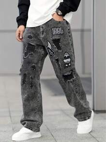 Pantalones vaqueros de mezclilla con patrón de bordado desgastado para hombres