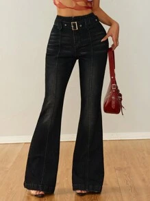 Women's Trumpet Shaped Flared Pants, High Waisted Wide Leg Jeans, Elastic Denim Pants - màu đen - Xem 2