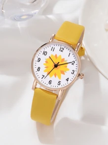 5PCS Yellow PU Leather Strap Women's Watch Set Fashion Fresh And Simple Ins Style Flower Flower Flower Element Dial Quartz Watch Bracelet Set For Her Holiday Gift - Yellow - View 5