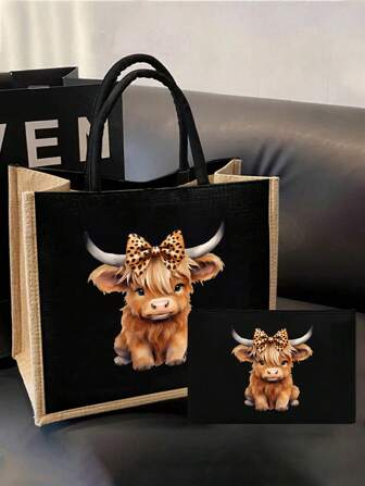 Highland Cow Printed Black Linen Handbag Set,Cute Bow Leopard Design Highland Cow Pattern,Women'S Linen Large Capacity Tote Bag,Personalized Gift Bag, Commuting Bag And Zipper Beauty Bag, Suitable For Weddings, Birthdays, Beaches, Holidays, It Is The Perfect Gift For Women, Mothers, Teachers, Friends, Bridesmaids, Big Bags, Students And Back To School,Suitable For Nature Enthusiasts And Women, Beach Essentials, Summer Women Bag,Perfect For Travel, Vacation, Holiday & Beach, Cute Highland Cow Bag For Women , Teacher Gift
