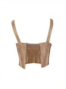 Women's Sparkly Sequin Wide Strap Crop Top Sleeveless V Neck Rave Tank Vest Clubwear - 金色 - 查看 8