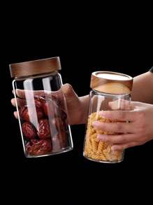 1 pezzo Contenitori di stoccaggio in vetro, contenitori ermetici per alimenti con coperchi in legno, barattoli di vetro trasparenti per dispensa, cucina, farina, zucchero, tè, caffè, spuntino, spezie