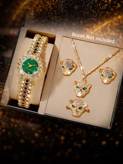 1 Set Vintage Hip Hop Fierce Rhinestone Emerald Leopard Head Necklace, Earrings, Ring Jewelry Set And Women's Watch, All Green Tone Full Diamond Quartz Watch, Best Gift Set For Women (No Gift Box)