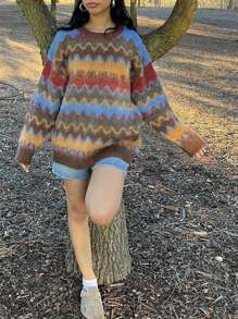 Women's Wavy Stripes Sweaters Long Sleeve Round Neck Loose Pullover Fall Jumper Tops - Multicolor - View 2