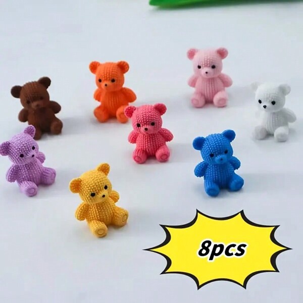 8pcs Random Color Mini Cartoon Bear Figurines - Resin Collectibles For Home, Office Desk And Car Decor | Ideal For DIY Garden, Fairy Garden And Holiday Decorations, Perfect For Room Decoration