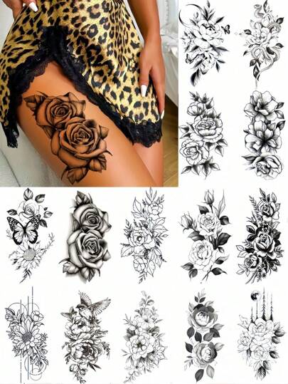 14 Sheets Temporary Tattoos Adult Women, Black Flower Rose Fake Tattoos Women, Realistic Large Body Marking Tattoos, Look Real Waterproof Fake Tattoo Stickers, Body Art Arm Sketch Tattoo Stickers, Suitable For All Daily Festival Fashion