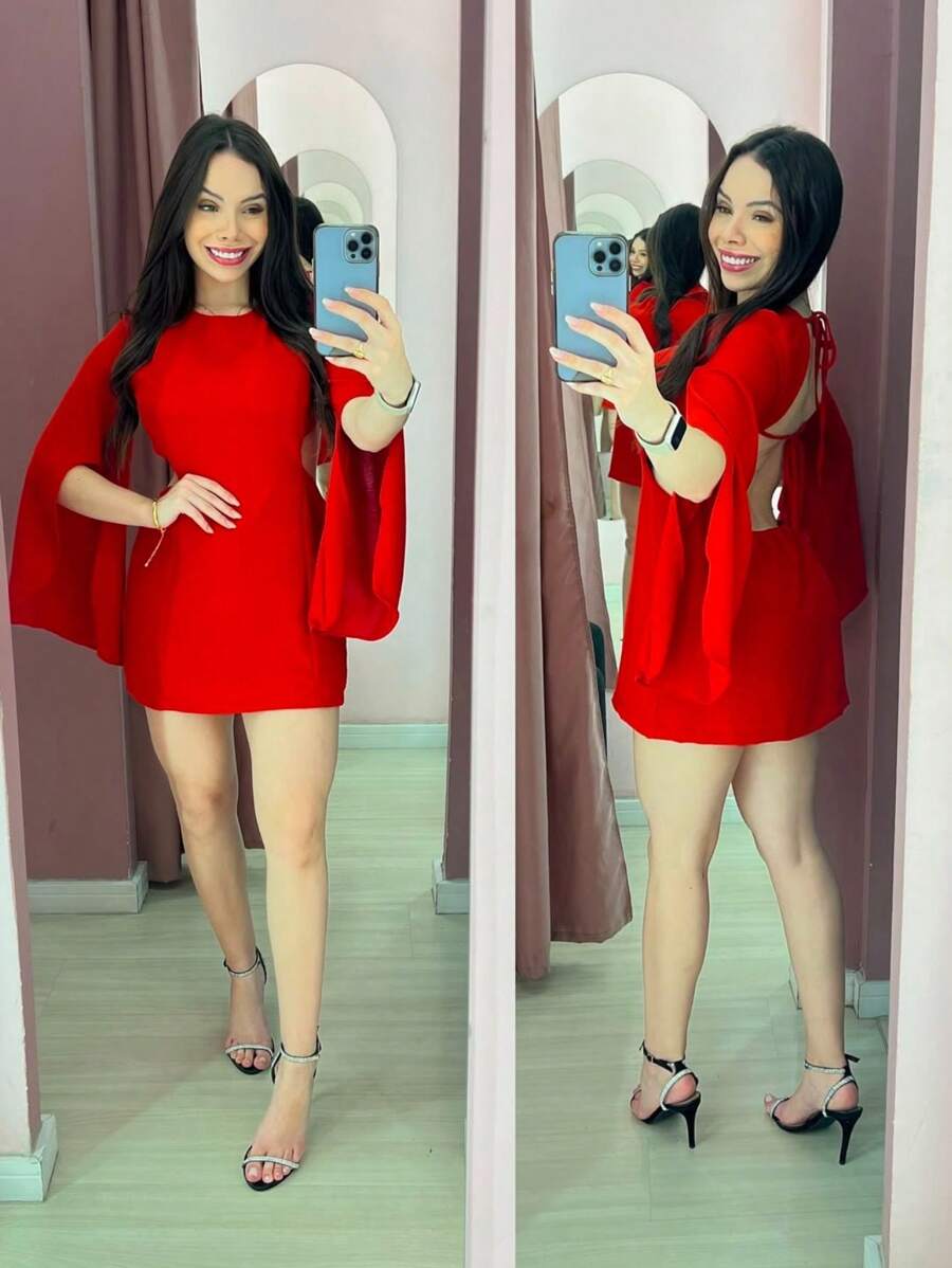 Women's Jumpsuit Dress With Bat Sleeves, Cut-Out Detail And Padding - Đỏ - Xem 1