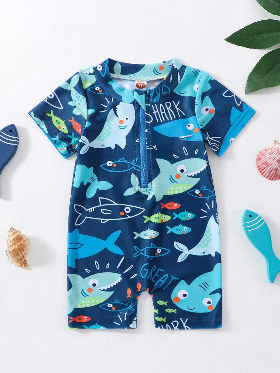 Baby Boys Rash Guard Swimsuit, Cute Shark/Tree Print Short Sleeve Zip Up Swimwear - Lake Blue - View 1