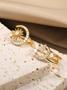 Gold Color Star Moon Zirconia Ring For Women Aesthetic Adjustable Open Finge Ring Jewelry Accessories ﻿