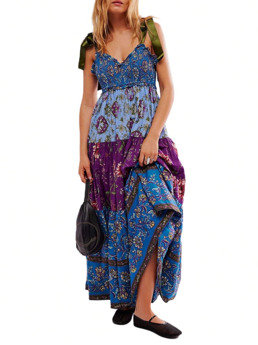 Women Summer Casual Cami Long Dress Floral Print Tie-Up Shoulder Straps Sleeveless Dresses Long Dress Summer Vacation Beach Sundress Big Swing A-Line Dress - Màu xanh lam - Xem 1