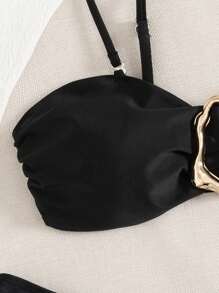 3件套女士性感纯色高腰沙滩比基尼套装，欧美风格，夏季海滩 - 黑色 - 查看 3