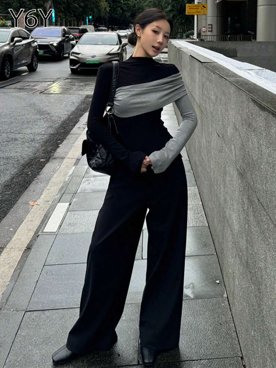 [Y6Y]女款秋季優雅高端T恤，黑灰配色拼接假領長袖修身短版上衣