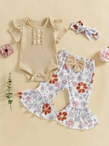 Conjuntos de 3 piezas de pantalones para niñas de 0 a 18 meses, mameluco con mangas voladoras y cuello redondo, pantalones acampanados florales, conjuntos con diadema - Caqui - Ver 1