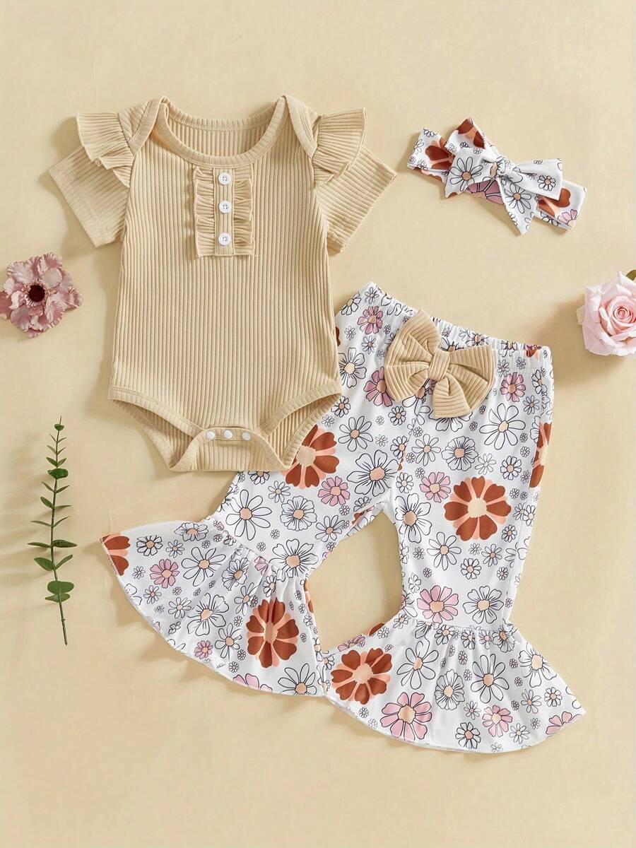 Conjuntos de 3 piezas de pantalones para niñas de 0 a 18 meses, mameluco con mangas voladoras y cuello redondo, pantalones acampanados florales, conjuntos con diadema - Caqui - Ver 1