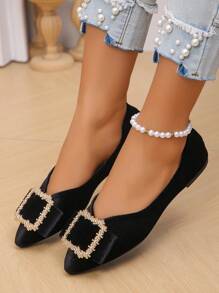 Plus Size 35-45 Spring-Autumn New Fashion Colorful Canvas Pointed Toe Flat Mule Slip-On Shoes, Stylish Casual Wear With Dresses - Black Gold Velvet-square Wreath Buckle - View 4