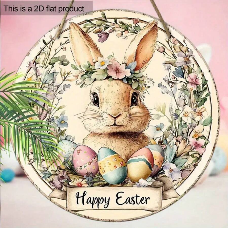 经典复活节兔子花环 - 7.87x7.87 英寸圆形木质墙饰，春季和节日农舍门和门廊装饰，由木材制成，无需电力 - 彩色 - 查看 1