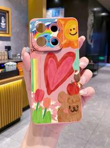 1 pieza Funda de teléfono con pintura al óleo con diseño de corazón compatible con Apple, Galaxy, Infinix, Redmi, OPPO, VIVO, Realme - Rosa - Ver 3