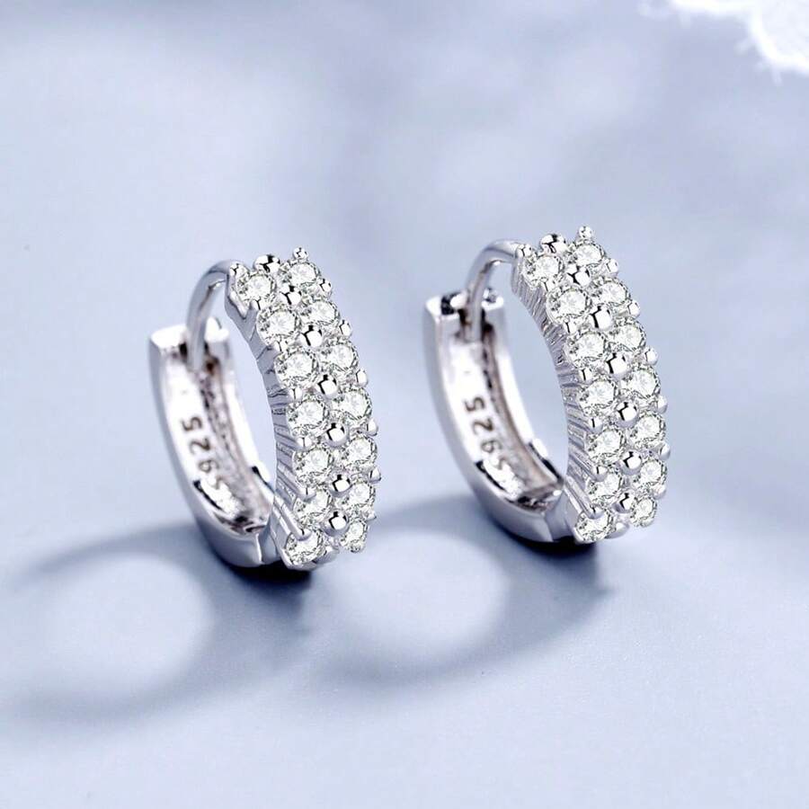 Silver Plating Needle Earrings Fashion High Quality Jewelry Double Row Crystal - Silver - View 1