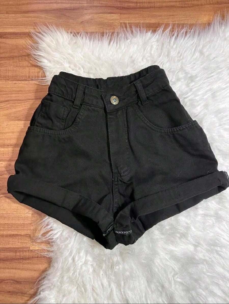 Basic Black And Gray Denim Shorts With Hem - Black - View 1