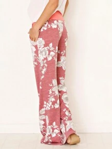 Boho Retro 90's Style Stripe Floral Drawstring Fold Over Band Wide Leg Lounge Pants - Red - View 4