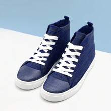 Womens High Top Trainers Unisex Mens Knitted Breathable Mesh Fashion Sneakers Lace Up Lightweight Casual Tennis Running Walking Shoes For Women - Dark Blue - View 2