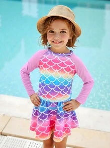 Young Girl Mermaid Scale Print Rash Guard Tankini Swimwear Set, Long Sleeve Top & Shorts, Perfect For Beach, Pool Party - Pink - View 3