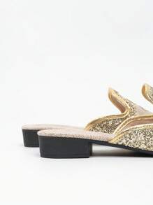 Gold, Silver, Black Glitter Star Decor Square Toe Mules Women, Low Heel Slip-On Mesh Breathable Closed Toe Backless Flat Slide Sandals For Summer Dresses