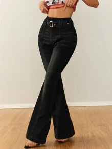 Women's Trumpet Shaped Flared Pants, High Waisted Wide Leg Jeans, Elastic Denim Pants - màu đen - Xem 4