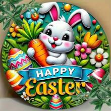 7.9 英寸圆形农舍风格复活节兔子、胡萝卜和花卉设计花环，适用于门和墙壁装饰，可悬挂的节日装饰，适合家庭和庆祝活动，是送给朋友和同事的独特礼物 - 彩色 - 查看 2