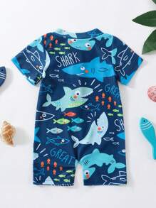 Baby Boys Rash Guard Swimsuit, Cute Shark/Tree Print Short Sleeve Zip Up Swimwear - Lake Blue - View 2
