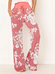 Boho Retro 90's Style Stripe Floral Drawstring Fold Over Band Wide Leg Lounge Pants - Red - View 2