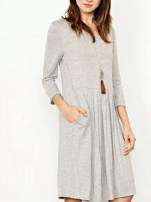 Boho Retro Rayon Cool Soft Summer Cuff Short Sleeve Crew Neck T Shirt Mini Dress Tunic With Pockets - 淺灰色 - 查看 2
