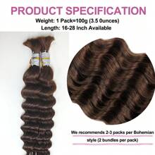 2 Bundles Human Braiding Hair For Boho Braids, Brown 16Inch -28Inch 100g Brazilian Virgin Deep Wave Bulk Human Hair For Braiding Extensions Hair 4# - Brown - View 6