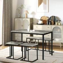 HOMCOM Dining Table And Chairs Set For 4 People, Concrete Effect Kitchen Table And Bench Set With Steel Frame, 4 Piece Dining Room Sets, Grey - Grey - View 1