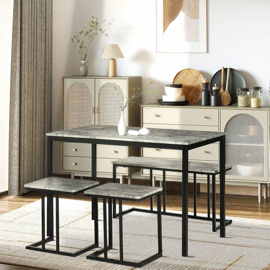 HOMCOM Dining Table And Chairs Set For 4 People, Concrete Effect Kitchen Table And Bench Set With Steel Frame, 4 Piece Dining Room Sets, Grey - Grey - View 1
