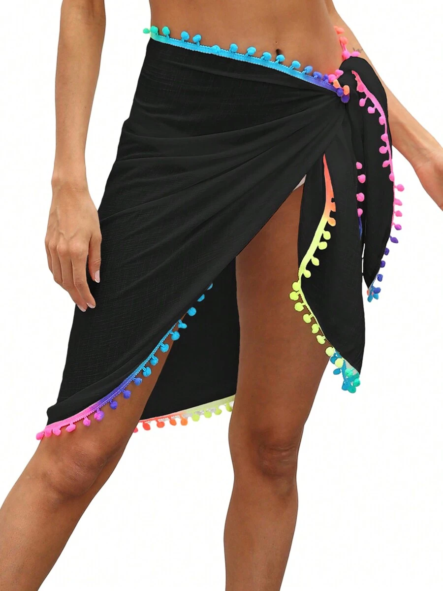 Women Beach Sarongs, Sheer Mesh Swimsuit Wrap Skirt Bikini Cover Up With Colorful Pompom Tassel - Black - View 1