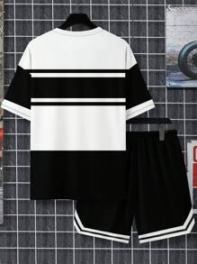 Men's Minimalist Letter Print Short Sleeve T-Shirt And Shorts 2pcs Sports Suit Set
