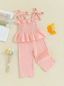 Conjunto de 2 piezas para niñas pequeñas, camiseta sin mangas de color liso y pantalones elásticos, ropa de verano para bebés - Rosa - Ver 3