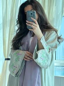 1 Piece Of Fashionable And Simple Coconut Palm Embroidery Splicing Cuffs Women's Dress Robe, Elegant Solid Color Long Dress Cardigan Long Dress Abaya Suitable For Festivals And Daily Life To Show Summer Style,Modest - Green - View 3