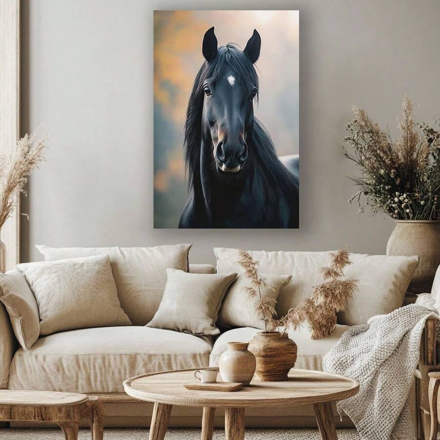 1pc Elegant Black Horse Portraiture Gift For Family, High-Definition Printing With Frame Suitable For Office, Bedroom, Kitchen, Living Room, Elegant Style, Luxury, High-End Feeling