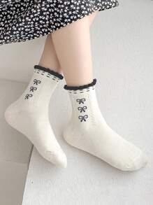 5 Pairs Of Children's Socks, Bow Diamond Checker Square Checker Pattern Girls Four Seasons Style Cute Casual Elegant Style Of Daily Travel To School Can Wear Children's Mid-Tube Socks.