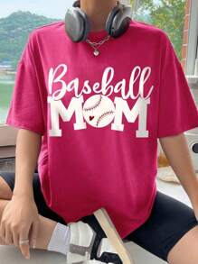 Women's Short Sleeve Drop Shoulder T-Shirt. Baseball Monogram, Suitable For Playing Baseball Activities, Party, Sports, Outdoor Leisure, City Roaming, Travelling And Other Scenes, Women's Short Sleeve Tops, Baseball, Monogram, Loose And Comfortable, Women's Tops, Women's Spring And Summer Short-Sleeve T-Shirt - Hot Pink - View 2