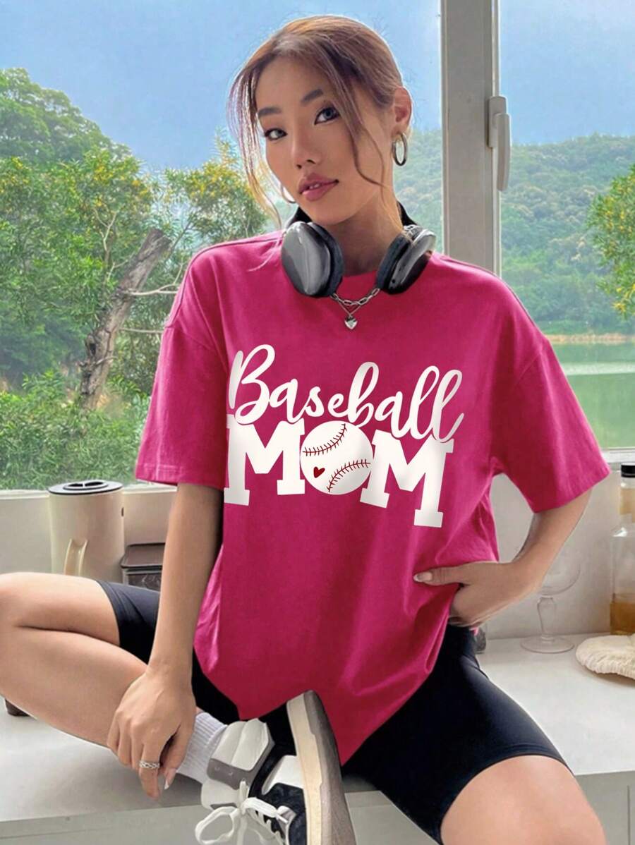Women's Short Sleeve Drop Shoulder T-Shirt. Baseball Monogram, Suitable For Playing Baseball Activities, Party, Sports, Outdoor Leisure, City Roaming, Travelling And Other Scenes, Women's Short Sleeve Tops, Baseball, Monogram, Loose And Comfortable, Women's Tops, Women's Spring And Summer Short-Sleeve T-Shirt - Hot Pink - View 1