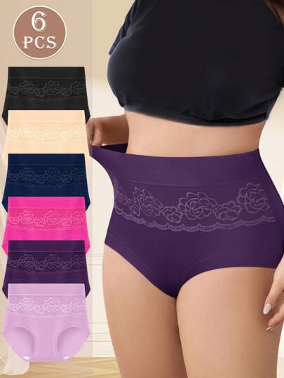 6 Packs Women Plus Size Lace Patchwork Soft Comfortable Triangle Panties