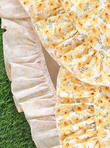 2Pcs/Set Young Girls Solid Color Spaghetti Strap Off Shoulder Short Sleeve Top And Floral Print Ruffle Hem Mini Skirt, Summer - Yellow - View 8