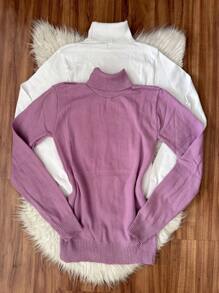 Kit2 Women's High Neck Blouse Long Sleeve Basic Knitted Cacharreu Plain Sueter - hoa tử đinh hương Branco - Xem 2